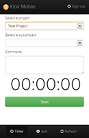 Simple timer screen where you can select a project, enter comments and start timing.